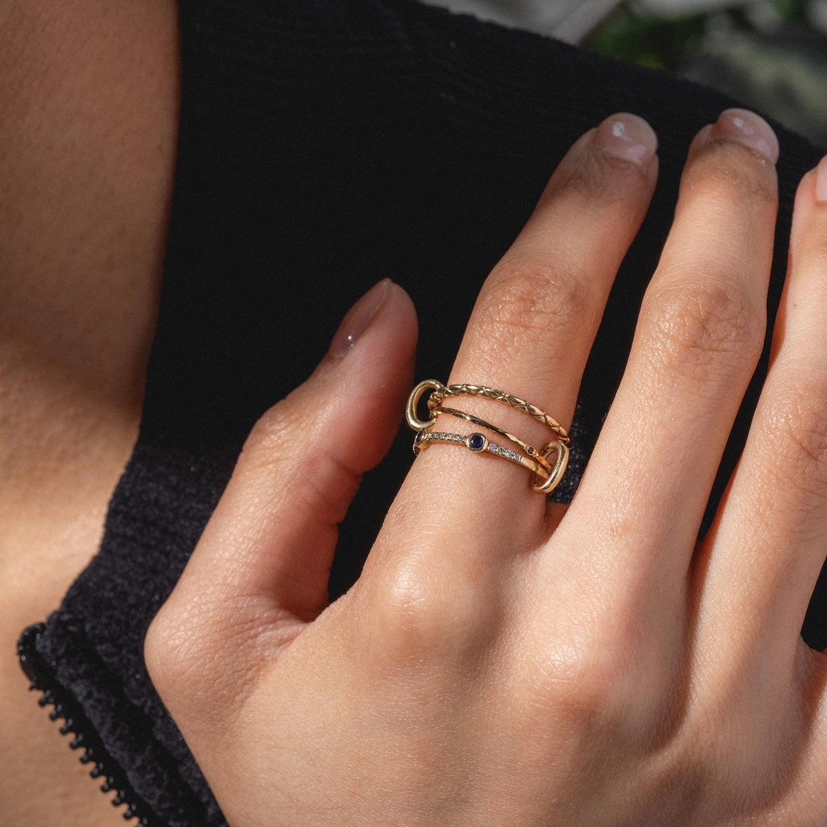 Solid Gold Slim Sapphire and Diamond Stacking Ring