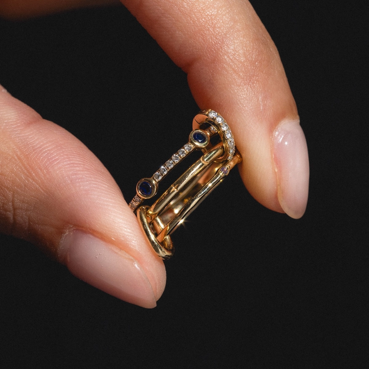 Solid Gold Slim Sapphire and Diamond Stacking Ring