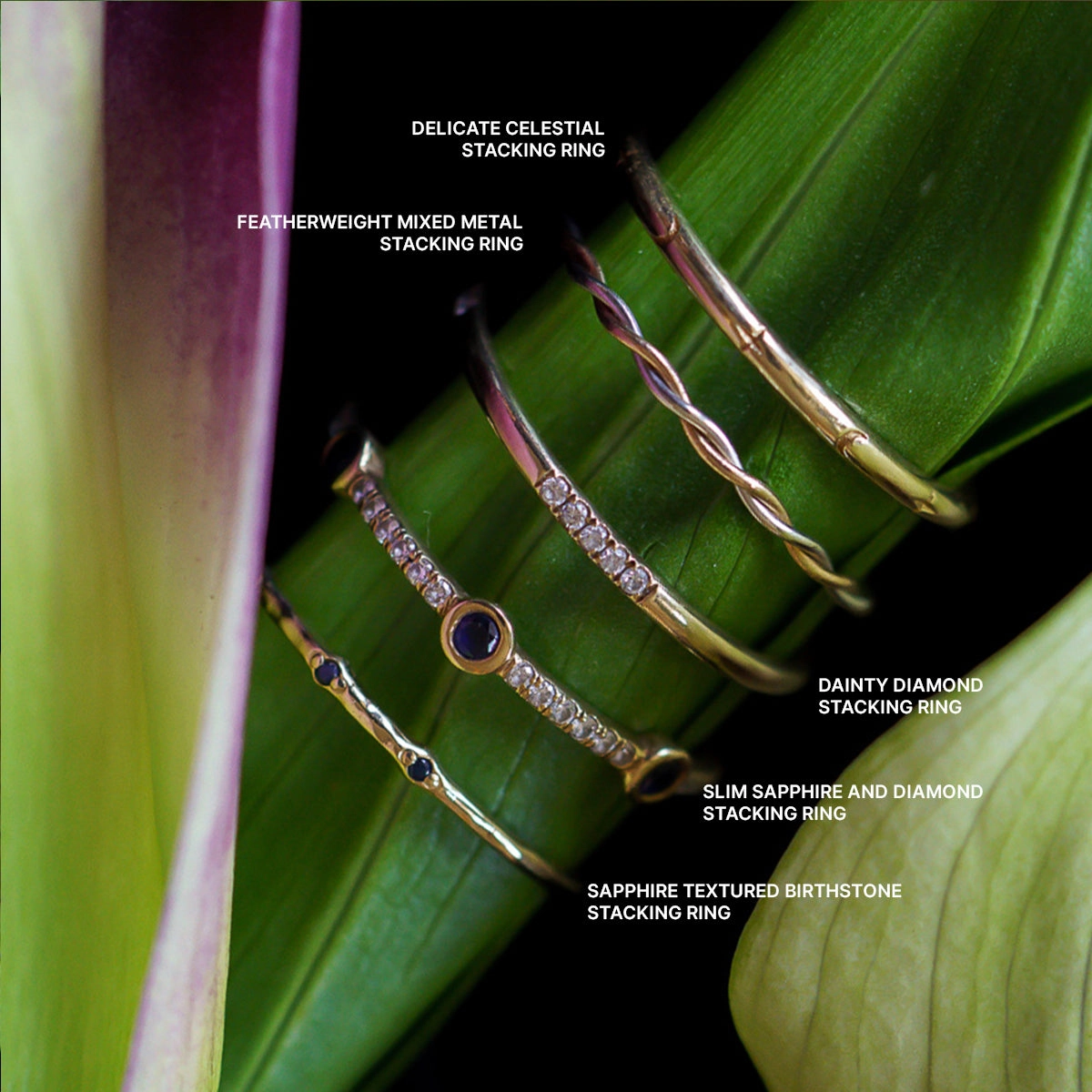 Solid Gold Slim Sapphire and Diamond Stacking Ring