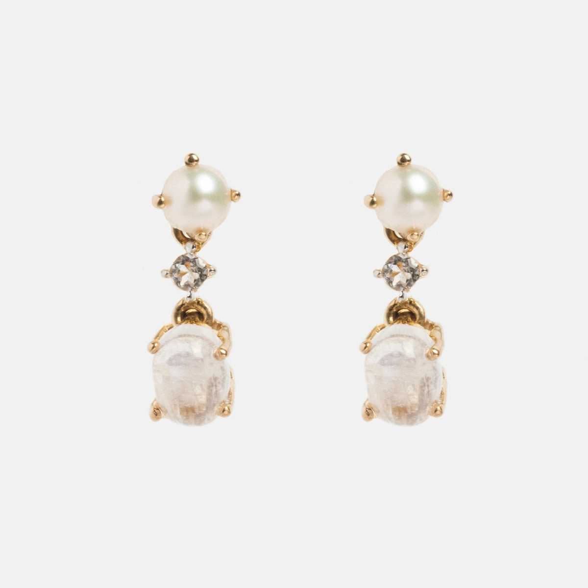 Solid Gold Soft Glow Pearl and Moonstone Drop Studs