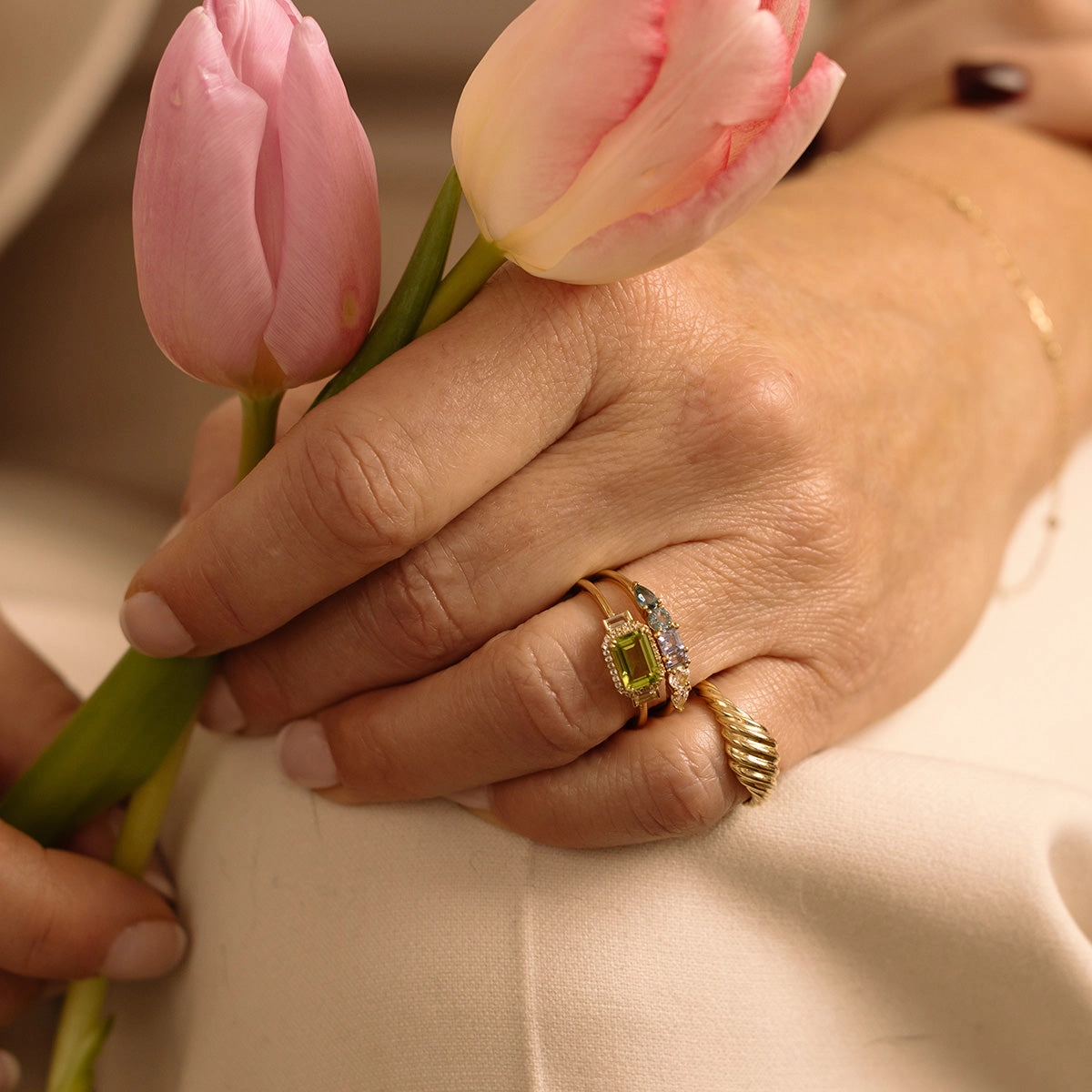 Solid Gold Vintage Inspired East West Peridot Ring