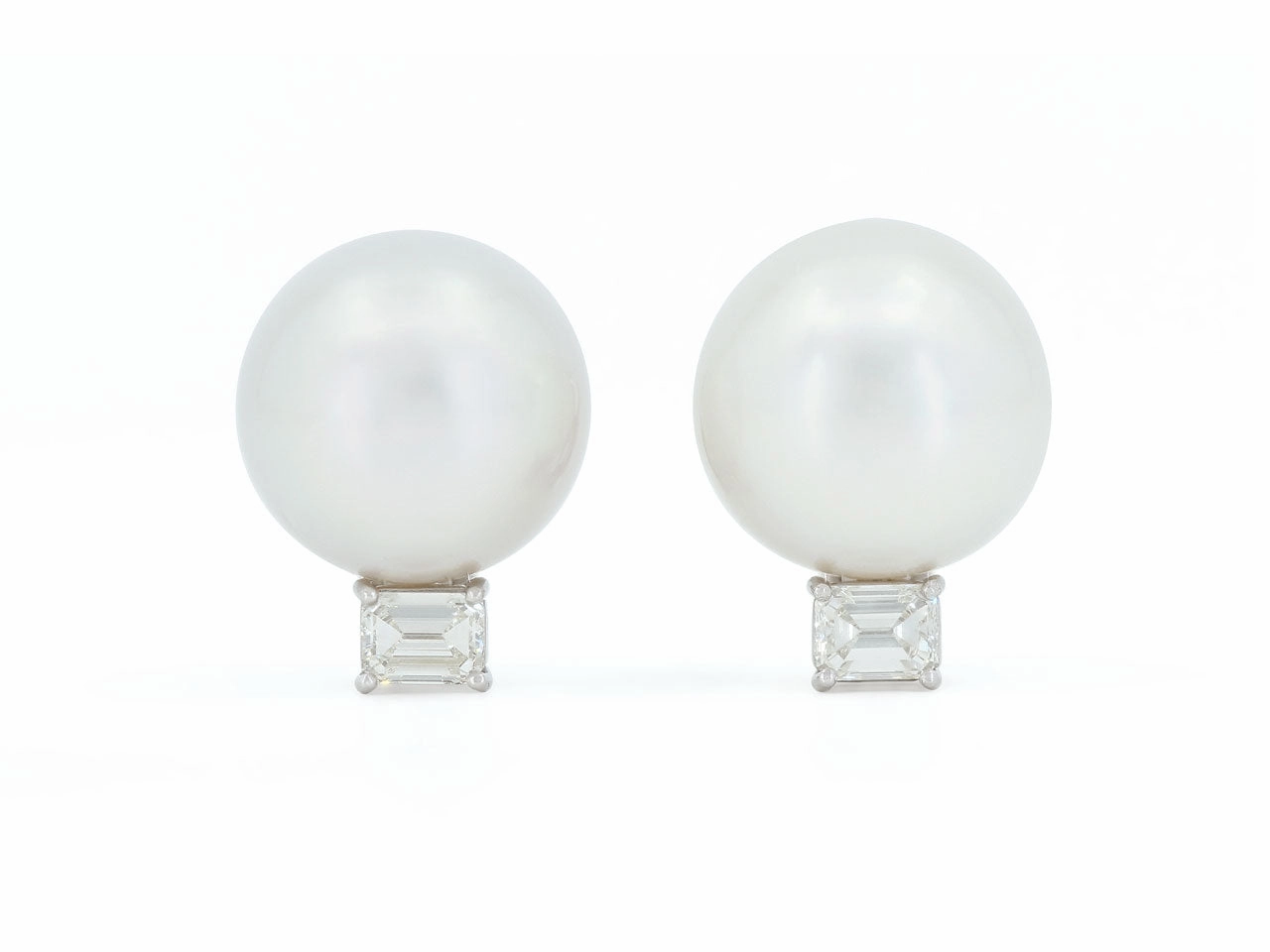 South Sea Pearl and Emerald Cut Diamond Earrings in Platinum