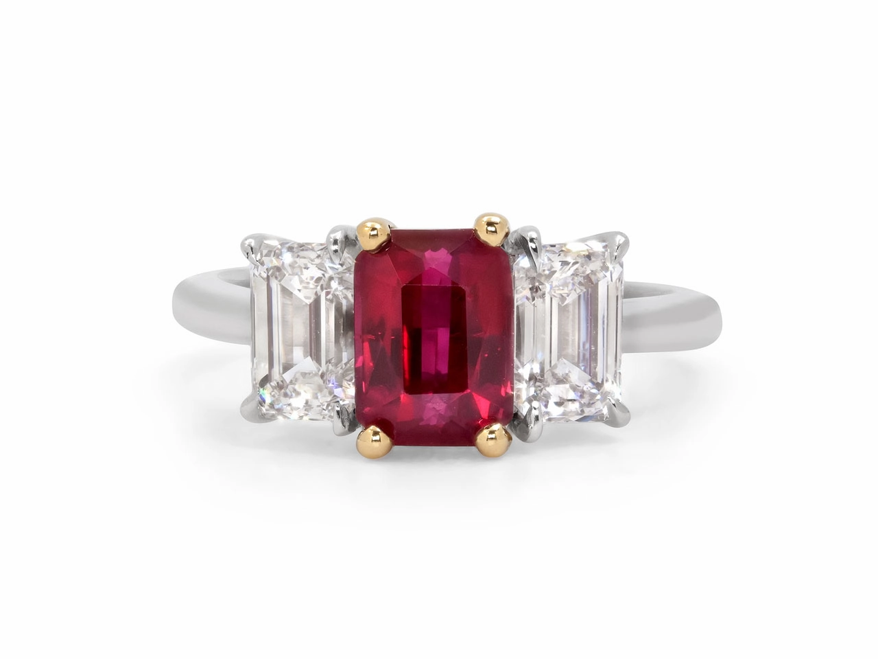 Tiffany & Co. Three Stone Burma Ruby, 2.06 carat, and Diamond Ring in Platinum