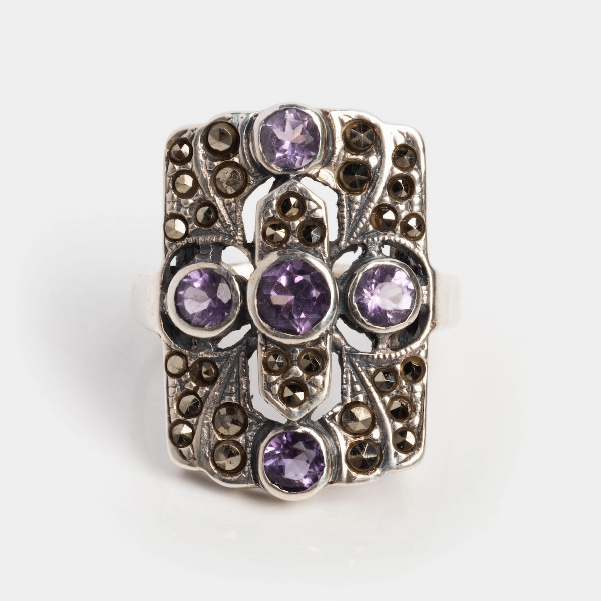 Vintage Silver Amethyst Mid Century Art Deco Ring
