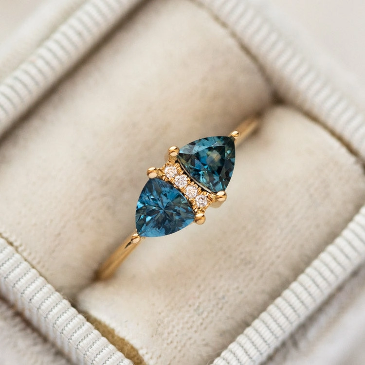 Vintage Style Engagement Ring with Teal Sapphire Trillions